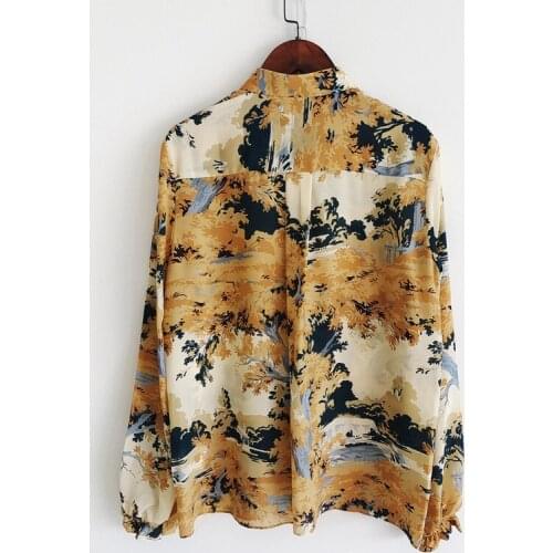 Shirt 100% Women Silk Summer High Quality Yellow Flower Print Elegant Office Ladies Party Blouse