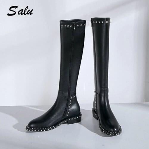 Salu Knee High Boots Female Genuine Leather Heels Black Thigh High Boots Round Toe 2020 Autumn Winter Botas Women Shoes