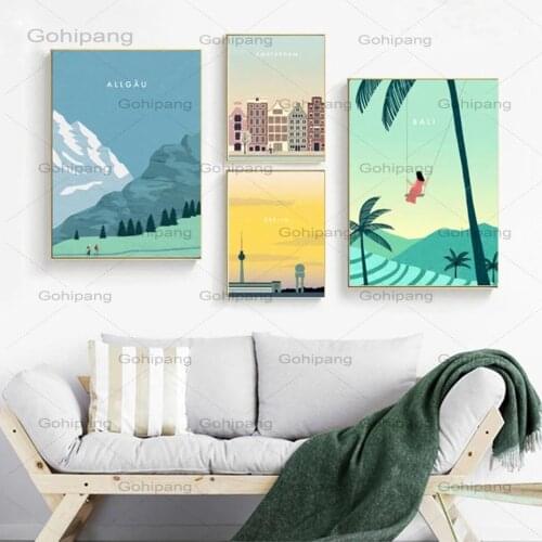 Nordic Art Prints Scenery Canvas Painting Allgaeu Mountain Amsterdam Bali Berlin Travel Poster Modular Home Decor Wall Pictures