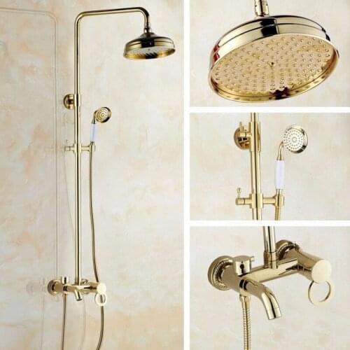 Modern Gold Color Brass Wall Mounted Single Handle Bathroom 8" Large Rain Shower Faucet Set Bathtub Mixer tap agf411