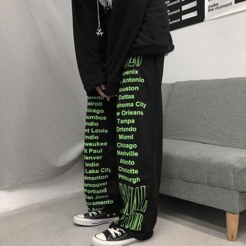 QWEEK Wide Leg Streetwear Women Pants Harajuku Letter Print Baggy High Waist Trousers Women Hip Hop Loose Pants Oversized Casual