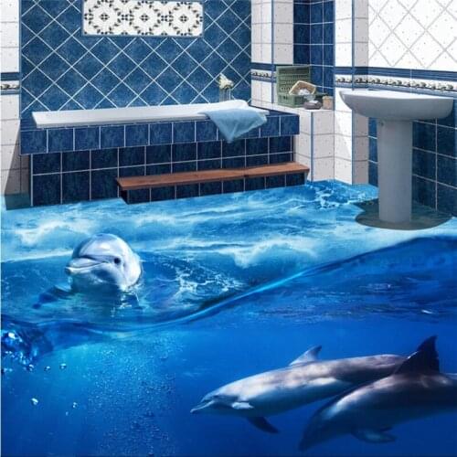 Wellyu Custom large-scale mural pvc floor 3d dolphin living room bathroom floor waterproof thick wear-resistant floor stickers