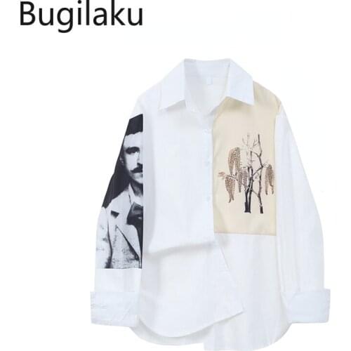 Bugilaku Printed Patchwork Long Sleeve Blouse Women Single Breasted Casual Loose Tops New Arrival 2021 High Street Chic Shirts