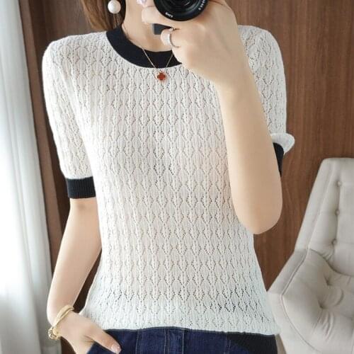 MERRILAMB Pure Cotton Round Neck T Shirt Women Fashion Office Lady Patchwork Hollow Out Sweater Pullover Short Sleeved T Shirts