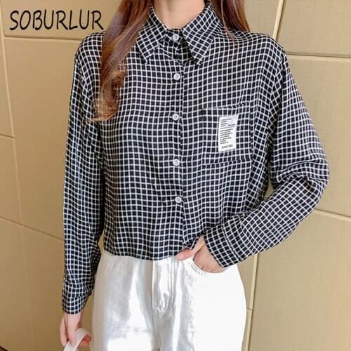 Women Blouses Kroean New Cotton Long Sleeve Shirts Retro Loose Lattice Blouse Buttons Pocket Spring Autumn White Tops Female