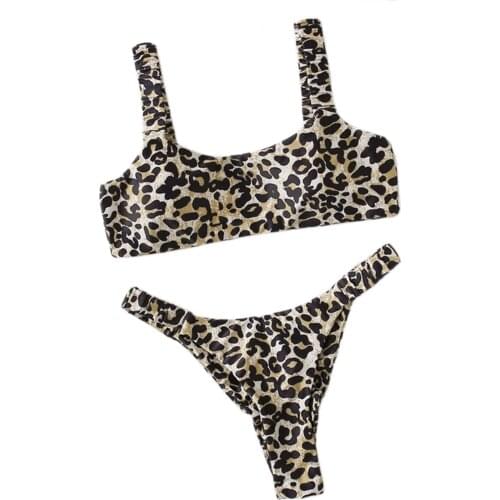 Two Piece Leopard Swimwear Women Swimming Clothes Sets Leopard Printed Pattern Bikini Tops Panties Swimsuits for Summer