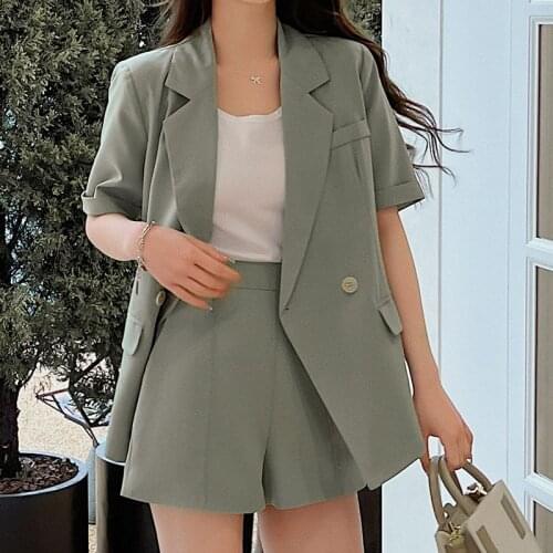 2021 Fashion Summer 2 Pieces Women Sets Casual Loose Office Lady Short Sleeve Double-Breasted Blazers Jacket & Shorts Suit WS276
