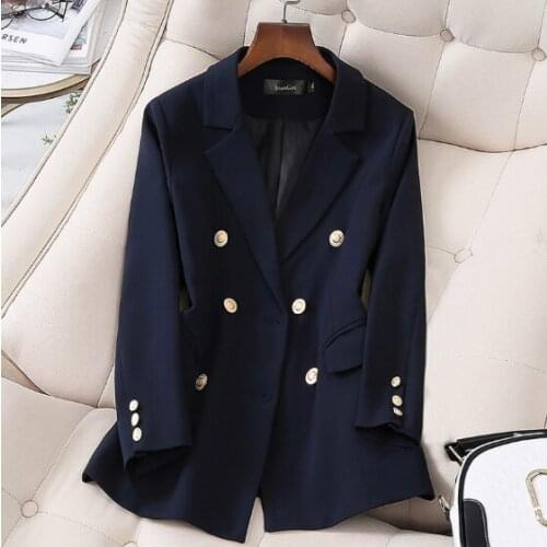 2021 new spring and autumn ladies office suit Elegant High Quality Double Breasted Blazer Jacket feminine small suit blue
