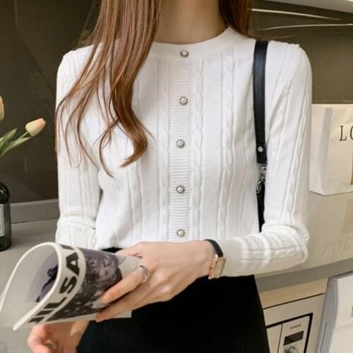 Sweater for Women 2021 Blusas Female Autumn and Winter Slim Solid Vintage White Pullover Sweater Button Elegant Fashion Top 1076