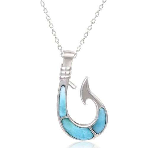 Summer Style Fishhook Boat Anchor Classic Charm 925 Sterling Silver Jewelry Gifts Dominica Larimar Pendant Necklace for Woman