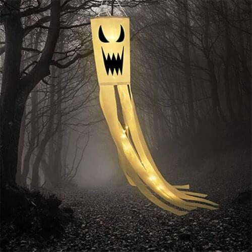 2Pcs Halloween Decorations Ghost Windsock LED Light Hanging Spooky Ghost Flag Wind Streamer for Indoor Outdoor Yard Party Props