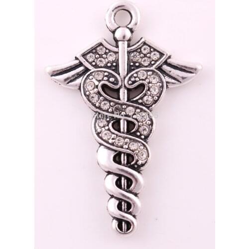 20pcs a lot Antique silver zinc studded with sparkling crystals Caduceus Medical Symbol Crystal Occupation Pendant