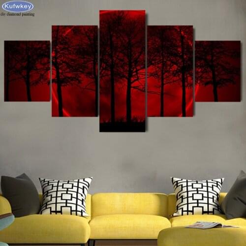 DIY Diamond Painting 5 Pcs Red Moon Night Forest Trees Full Square round drill Diamond Embroidery Cross Stitch,Mosaic diamond 5d