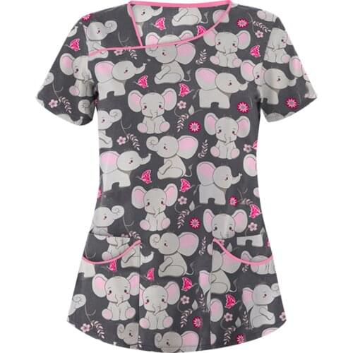 Women Blouse Fashion Cartoon Animal Print Fashion Nurse Short Sleeve Neck Tops Working Uniform Blouse Casual Shirt Scrubs Tops