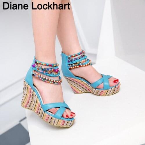 Women Platform Sandals Female Bohemia High Heel Fashion Ankle Strap Open Toe Colorful Summer Casual Wedge Shoes Ladies Heels