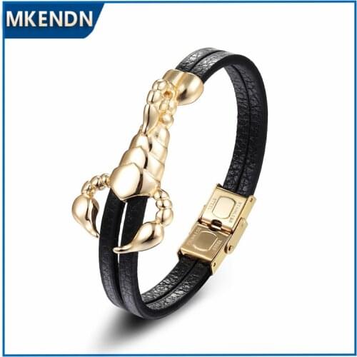 MKENDN 2018 New Fashion Stainless Steel Animal Scorpio Genuine Leather Bracelet Men Vintage Male Jewelry Pulser for Women