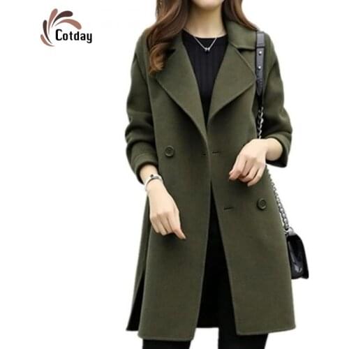 Cotday Wool Double Breasted Turn Down Collar Navy Long 2020 New Femme Collar Winter Warm Elegant Coat Women Woolen Blend Coat