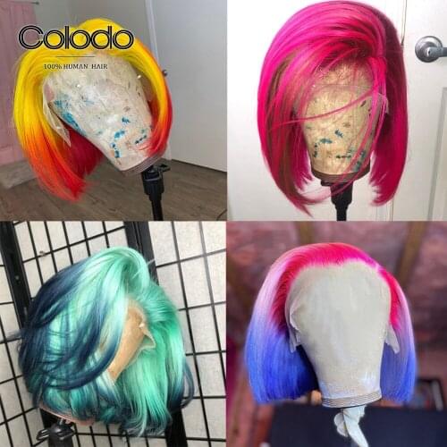 COLODO Pre Plucked 13x4 Bob Lace Front Wigs Colorful Ombre Human Hair Wig Remy Glueless Transparent Lace Wigs with Baby Hair