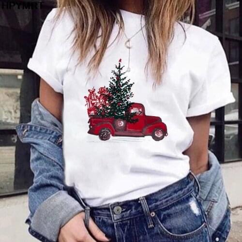Christmas Truck Tree Print T Shirt Women Fashion Harajuku Short Sleeve T-shirt White New Tshirt Merry Christmas Clothes Tops Tee