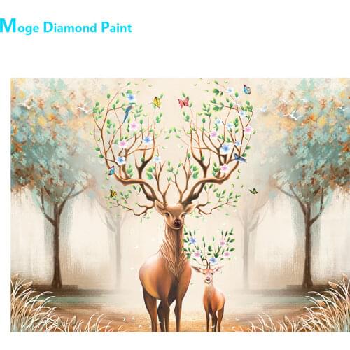 Forest Animal Elk Diamond Painting Round Full Drill DIY Mosaic Embroidery 5D Cross Stitch Deer Butterfly Flowers Plants Pattern