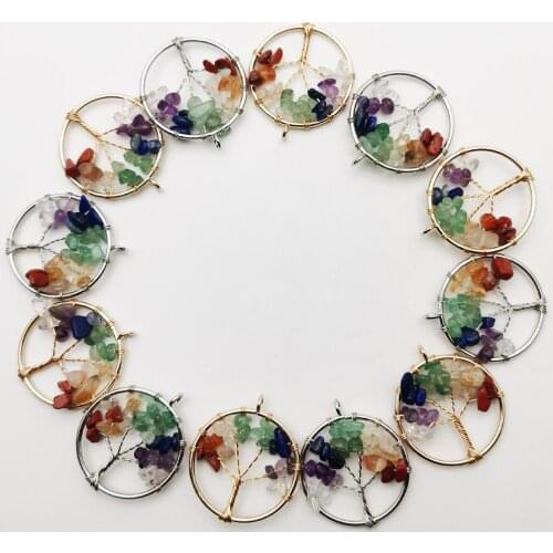 Fashion 30MM Tree of Life 12pc mixed Wisdom Tree Chakra Reiki Healing Natural Stone Pendant for Jewelry making charm accessorie