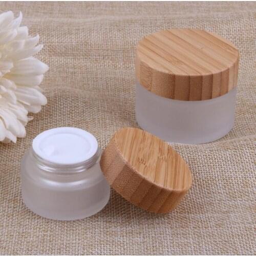 Fashion 100g Bamboo Wooden Lid Glass Jar 100ML Empty Frosted Glass Bottle 50pcs