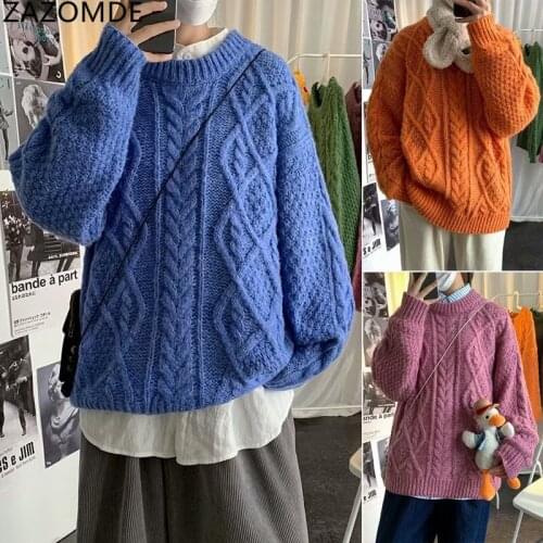 ZAZOMDE Fashion Men Knit Sweater Solid Color Loose Pullover Round Collar Comfortable Harajuku Top Male Winter Warm Knit Pullover
