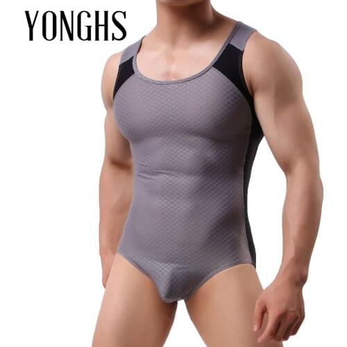 Mens Round Neckline Singlet Boxer Leotard Bodysuit Trendy Sports Fitness Color-blocking Swimsuit Sleeveless Jumpsuit for Summer
