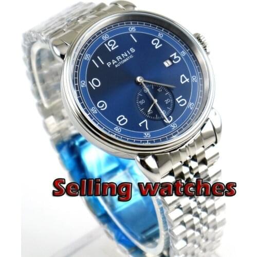 42mm PARNIS blue Dial Date Indicator Stainless steel strap polished Case Automatic Mechanical mens Watch