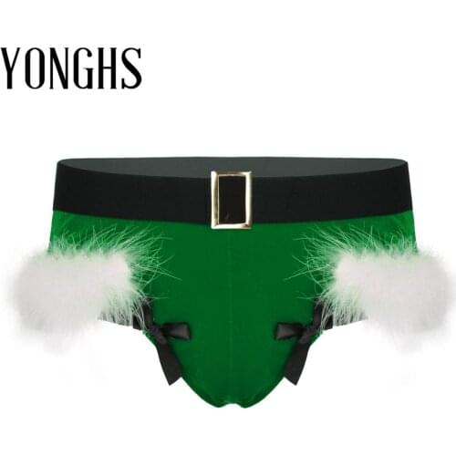 Mens Lingerie Sexy Christmas Briefs Panties Lingerie Elastic Waistband Feather Trimming Bowknot Underwear Thong Underpants