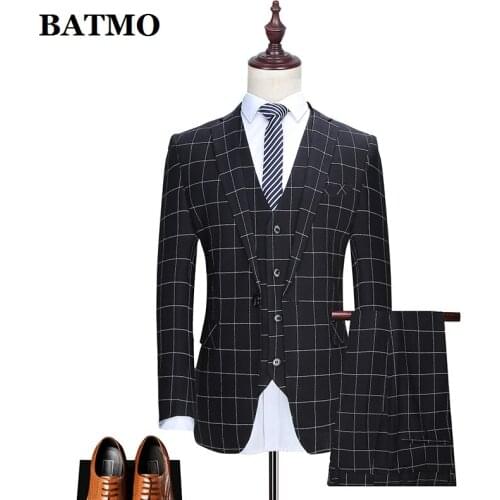 BATMO 2019 new arrival high quality plaid smart casual suits men,black suits ,mens wedding dress ,plus-size M-XXXL CS872