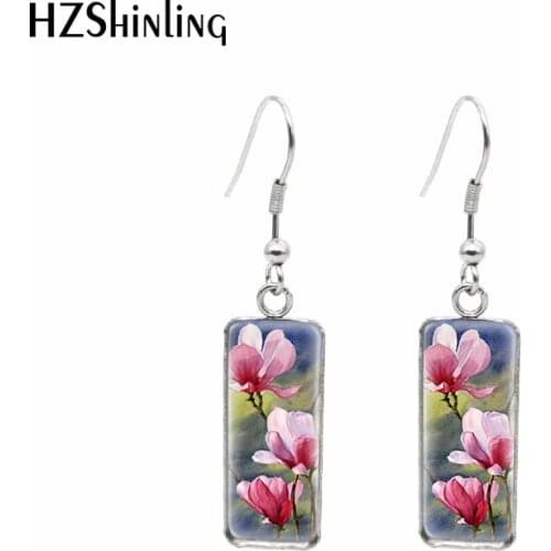 2021 New Magnolia Flower Rectangular Earring Oil Painting Fish Hook Earrings Glass Cabochon Handmade Jewelry