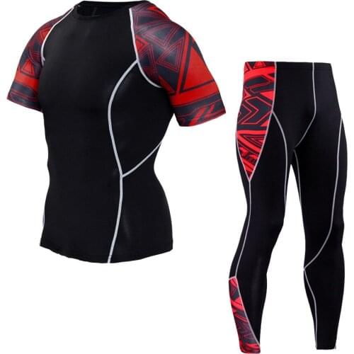 Fitness Clothes Mens Short Sleeve Tights 2017 Summer Quick Dry Elastic Yoga Running Sportswear Set