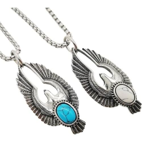 Black Knight Blue Stone eagle pendant necklace Vintage silver color stainless steel wings eagle necklace mens fashion BLKN0721