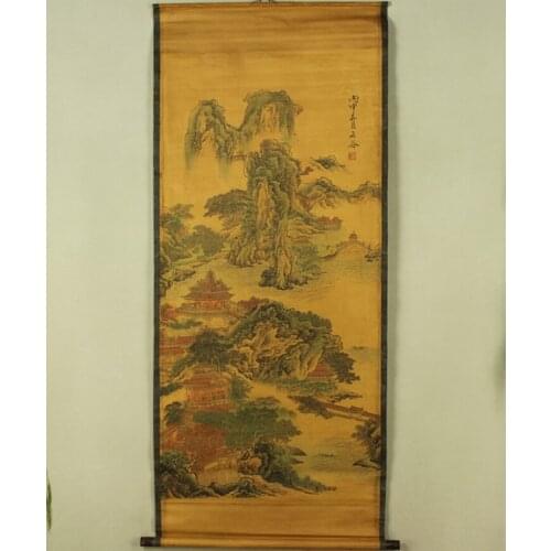 Antique painting traditional Chinese Shi Gu Landscape Architectural Painting scroll painting,old paper painting