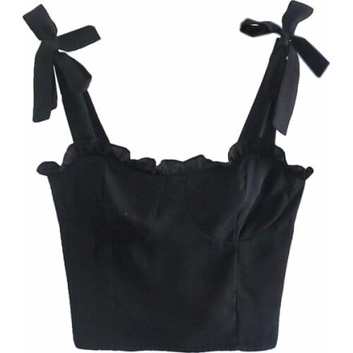 Merodi Girls Fashion Summer Backless Elastic Black Short Sling Tops Women Elegant Lace Up Strap Ruffles Chic Camis