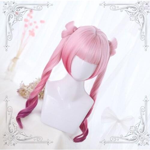 High Quality Lolita Pink Gradual Change Female Wig Tiger Mouth Clip Double Ponytail Long Curly Hair Cosplay Party