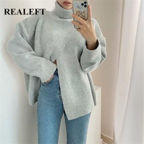 REALEFT 2021 New Winter Front Cross Knitting Sweaters Pullovers Women Elegant Casual Loose Long Sleeve Turtleneck Tops Female