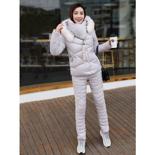 Women Winter Hiking Jacket Pants Suit Fashion Large lapel Fur Collar Warm Two piece Set Slim Outerwear Pants Coat Down Cotton