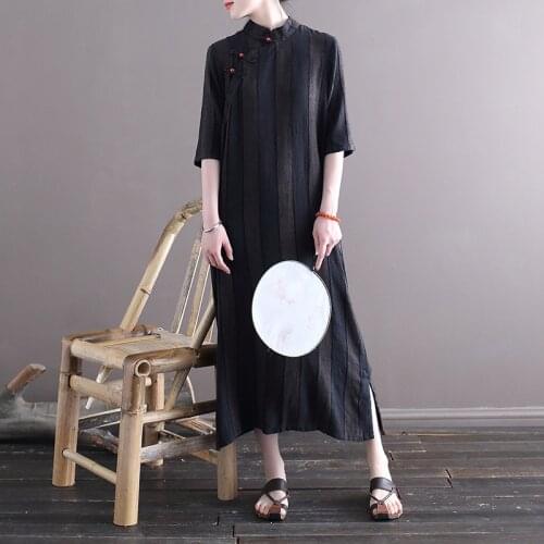 Women Striped Stand Collar Retro Qipao Dress Ladies Vintage Cheongsam Dress 2020 Summer Vintage Dress