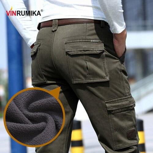 2020 Winter Mens Fleece Thicken Warm Multi-pocket Overalls Man Casual Brand 100% Cotton Army Green Pants Straight Long Trousers