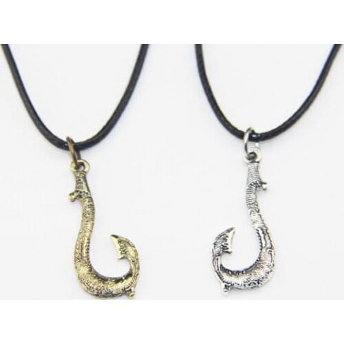 ZRM 20pcs/lot Wholesale Fashion Jewelry Vintage Charm Moana Necklace Fishing Hook Pendant with Leather Rope Necklace Gifts