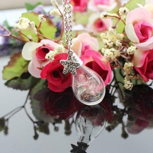3PCS 31x18MM Glass Teardrop Dandelion Necklace,Make A Wish Dandelion Seed Hollow Lampwork Bead Round Necklace