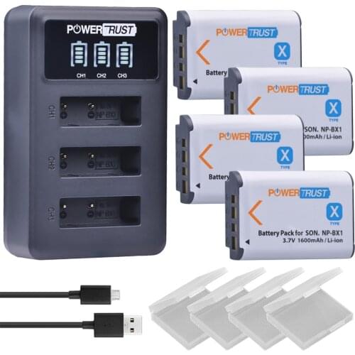 4Pcs 1600mAh NP-BX1 NP BX1 NPBX1 Batteries + LED 3 Port USB Charger for Sony DSC-RX100 DSC-WX500 HX300 WX300 HDR AS100v AS200V