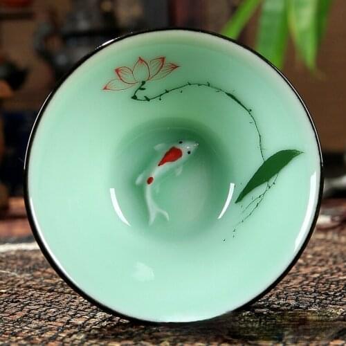 55ml Creative Ceramic Celadon Kung Fu Teacups Embossed Singer Carp Hand Painted Pu'er Tea Cup Hat Drinking Cups