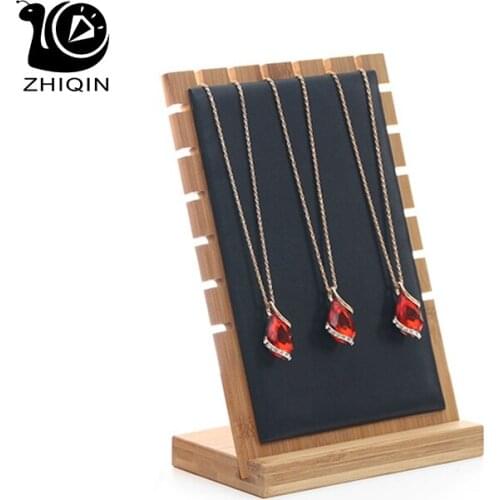 Bamboo Detachable Black PU Necklace Display Pendant Holder Rack Jewelry Display Organizer Storage Case Showcase
