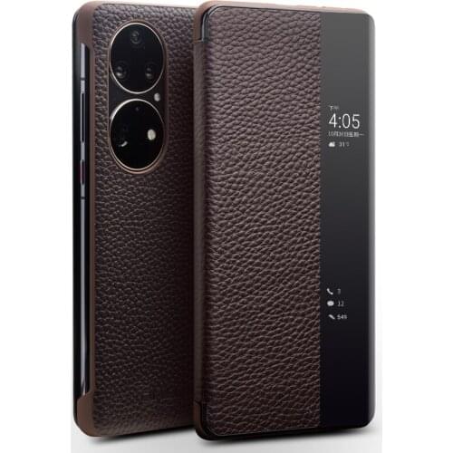 Intelligent Sleep Wake Up Genuine Leather Cover For Huawei P50 Pro Real Natural Cow Skin Flip Case Qialino Brand View Window