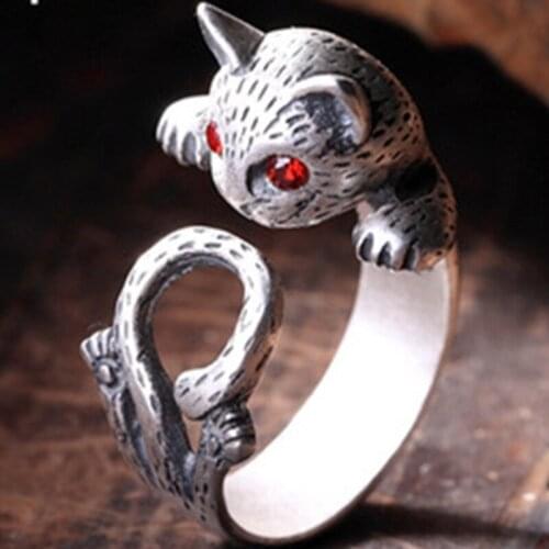 Milangirl Chinese Style Ornaments Retro Red Eyes Lucky Cat Retro Thai Fashion Ring Female Fashion Kitten Ring