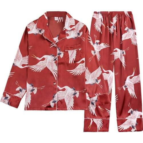 Simulation Silk Pajamas Women Suits Crane Print Tops Trousers 2 Piece Sets Home Clothes Satin Sleepwear Female Pajamas Faux Silk
