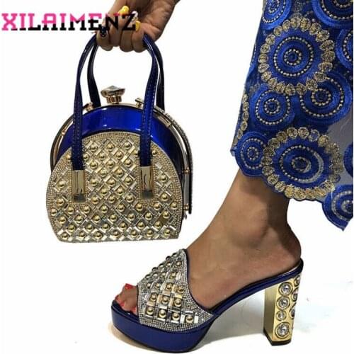 Royal Blue Fashionable African Slippers and Bag Set High Heels African Shoes with Matching Bags for Wedding Party